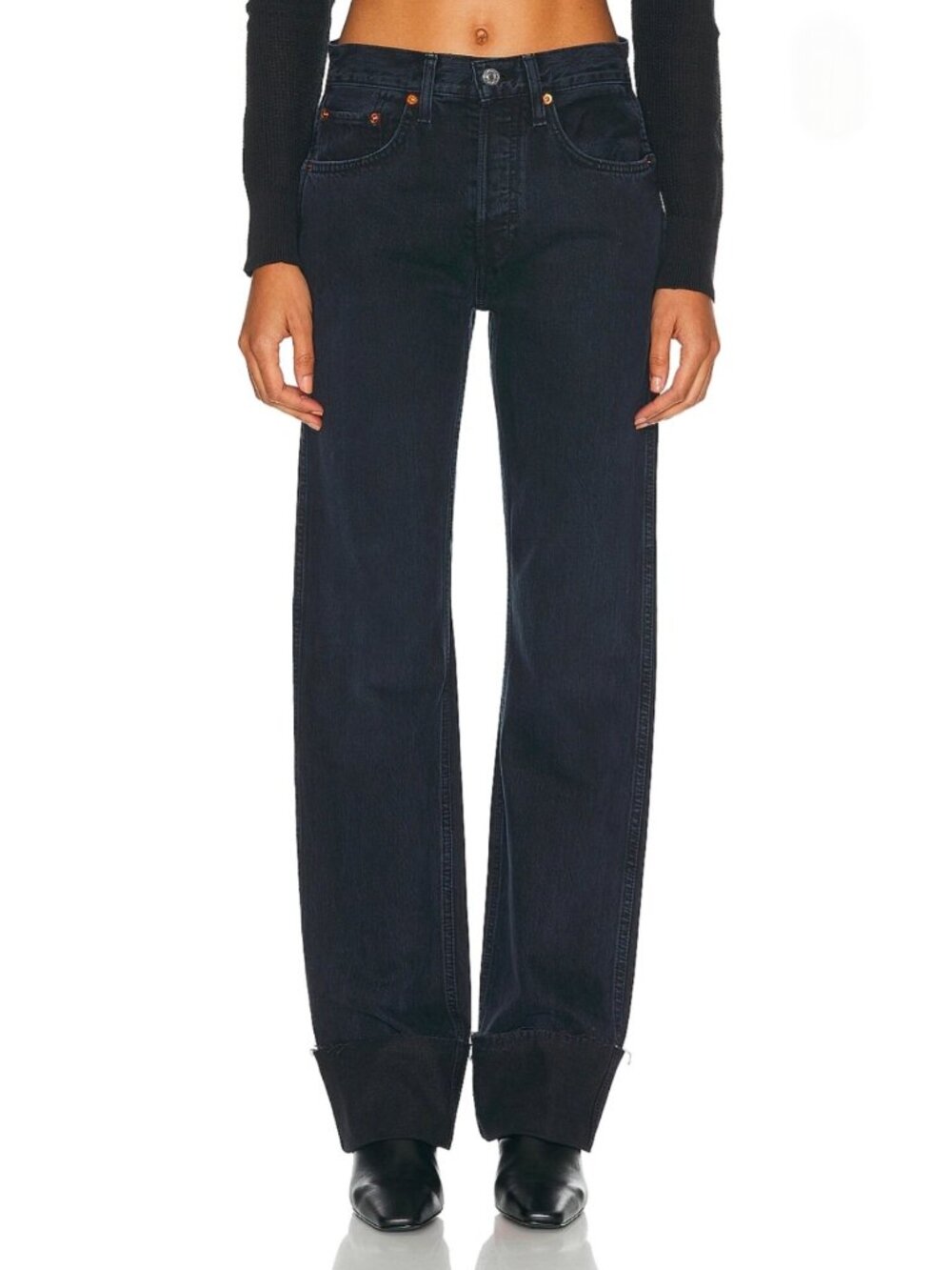 RE/DONE High Rise Loose Long Cuffed Jeans Sz 27 Blackened Blue Denim